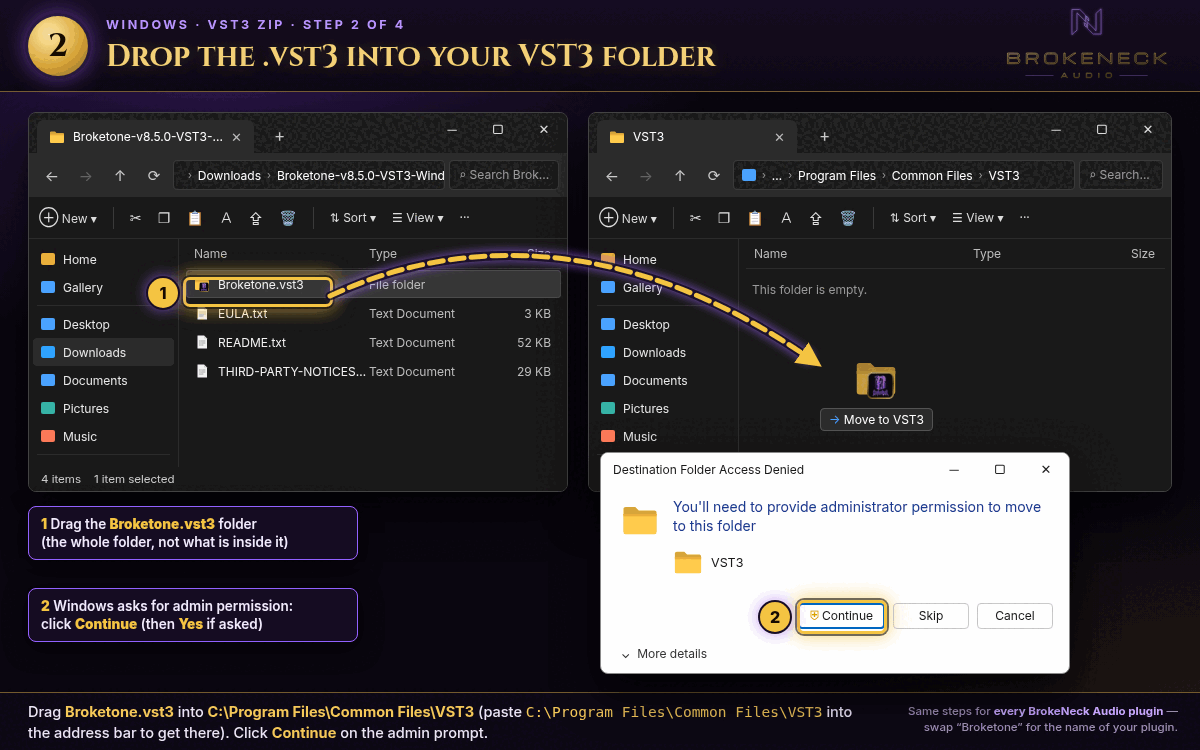 Dragging the Broketone.vst3 folder into the Common Files VST3 folder and clicking Continue on the admin permission prompt