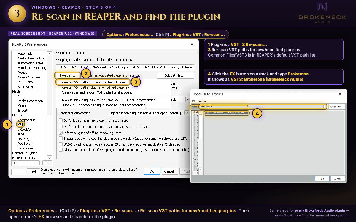 REAPER Preferences VST page with the Re-scan menu open, and the Add FX window showing VST3: Broketone (BrokeNeck Audio)